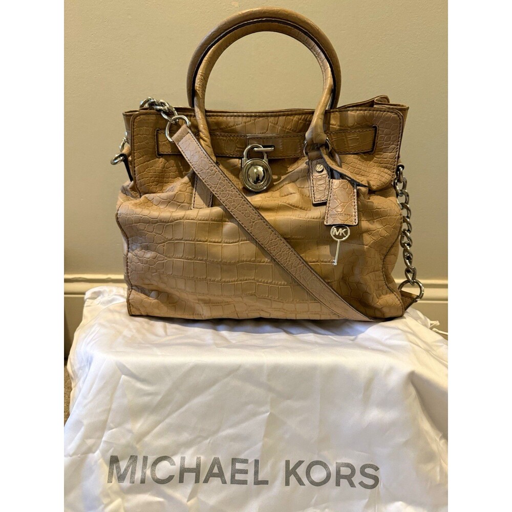 Michael Kors Hamilton Croc Embossed Leather Tote Bag -Tan Satchel w/Dustbag